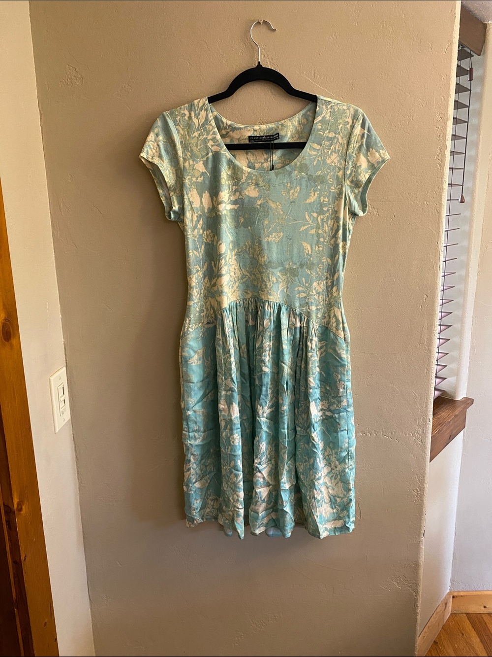 Peruvian Connection Aqua and White Floral Scoop-Neck Dress